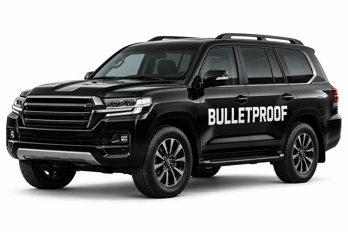 Illustration of a black Land Cruiser-style SUV with BULLETPROOF lettering on a white background